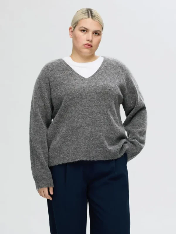 Strik>SELECTED V-UDSKÆRING STRIKTRØJE Grey