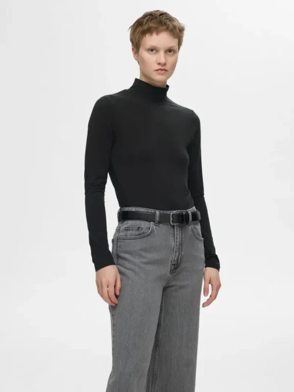 T-shirts>SELECTED BASIC HØJ HALS TOP MED LANGE ÆRMER Black