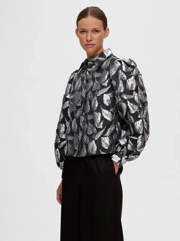 Skjorter | Toppe Og Bluser>SELECTED BLOMSTRET JACQUARD SKJORTE Silver