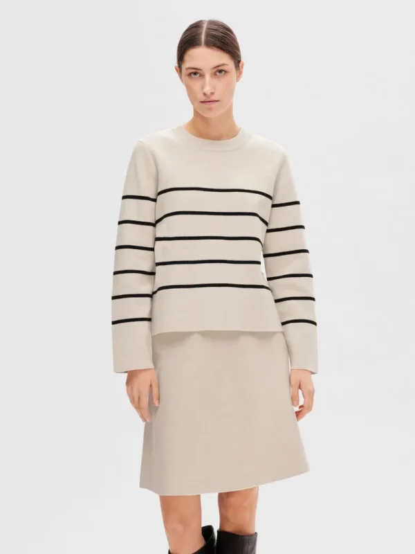 Strik>SELECTED LANGÆRMET BOMULD STRIKTRØJE Beige